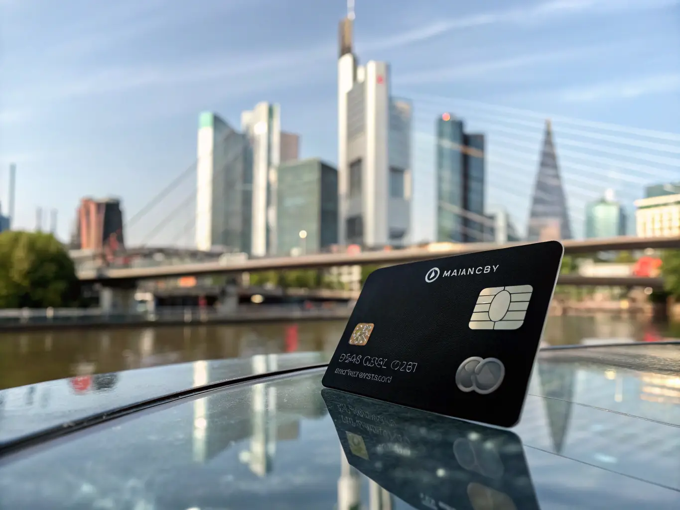 A professional-looking credit card with the Mercury logo subtly displayed, resting on a background featuring a modern European cityscape, symbolizing Mercury's financial services in Europe.