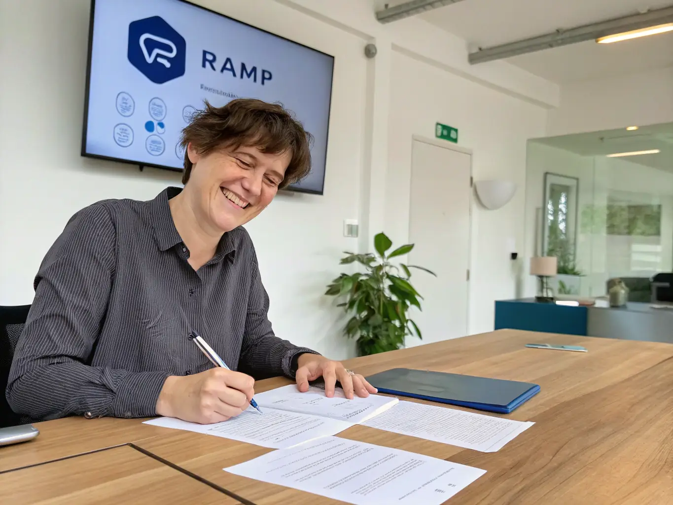 A person happily signing loan documents with the Ramp logo in the background, set in a bright and modern office environment, representing Ramp's personal loan services.