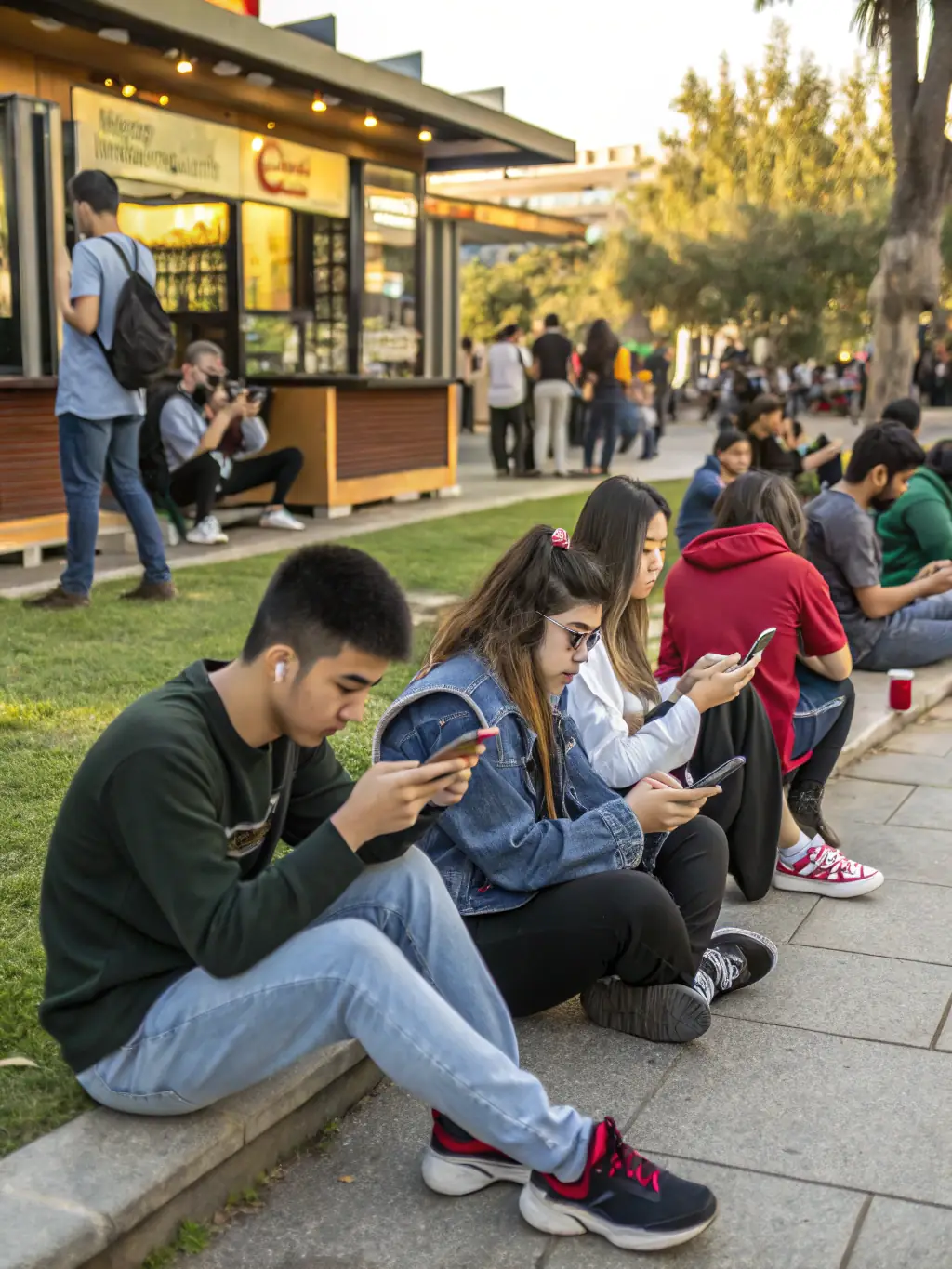A diverse group of people using the Tunes mobile banking app on their smartphones in various everyday scenarios, highlighting the convenience and accessibility of Tunes' digital services.