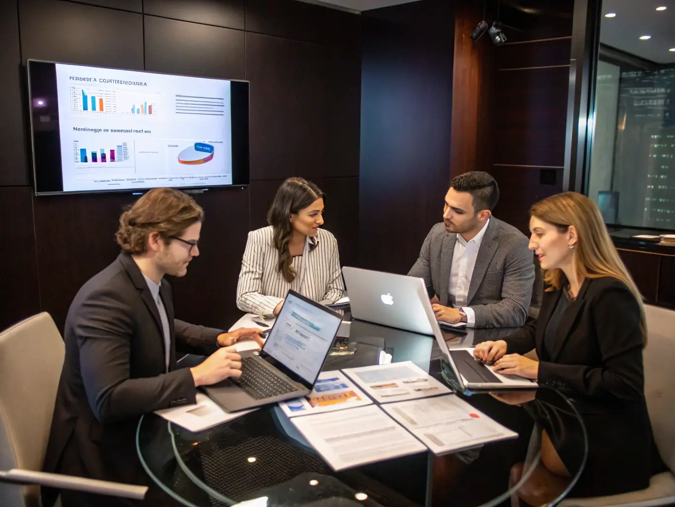 A professional team is collaborating in a modern office, analyzing financial data on laptops and discussing strategies, representing Ramp's data-driven approach to financial solutions.
