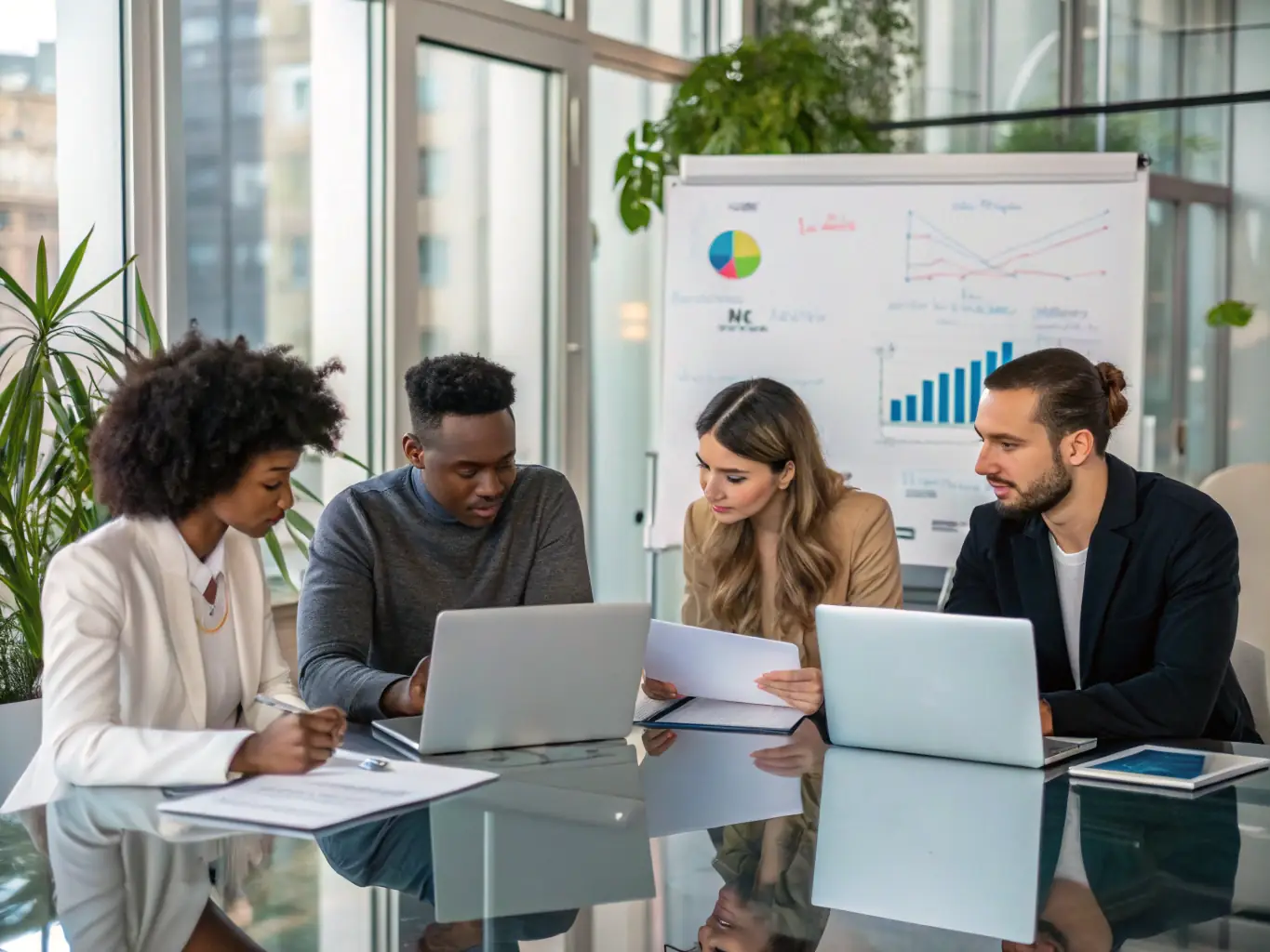 A diverse team collaborating on financial strategies, emphasizing Midlandsb's commitment to innovation and client success.